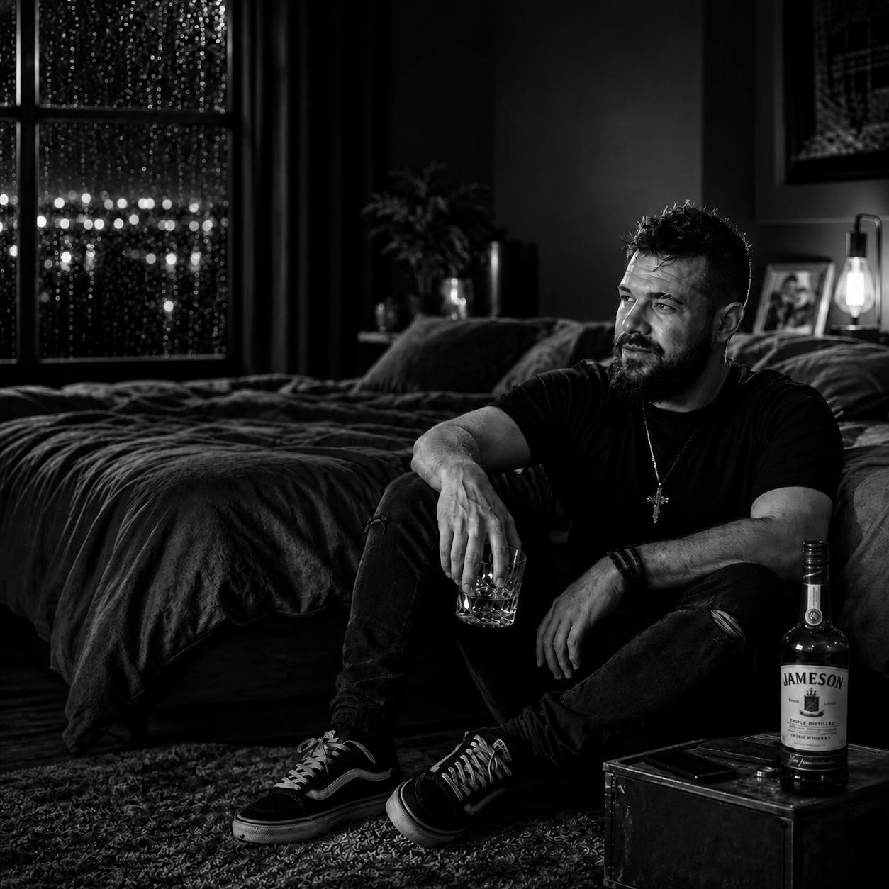 Mr MeissenBeats in a moody, rain-lit room with a glass of whiskey
